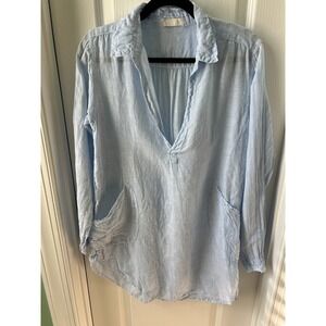 CP SHADES Womens Top Blue White Linen Stripe Pullover Long Sleeve  Size S